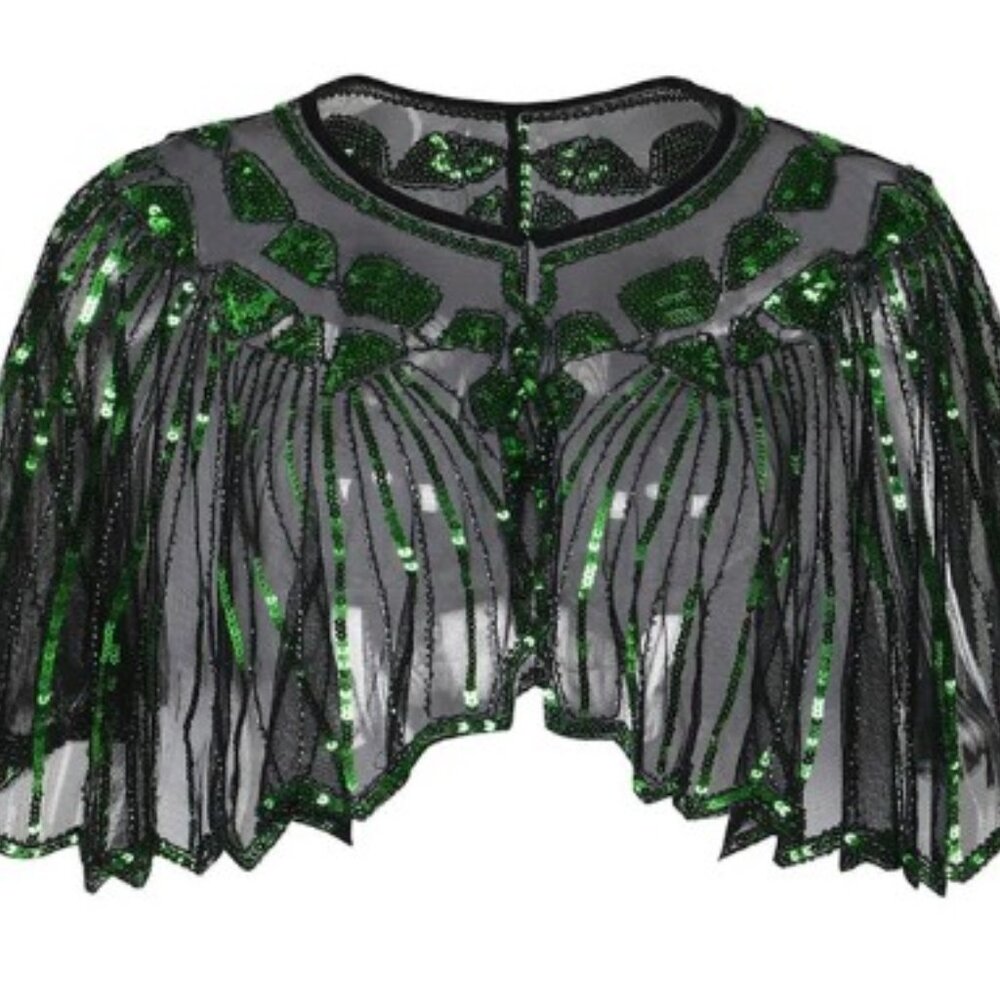 Black w/Green Sequined Detailed 1920's Beaded Flapper Cape
